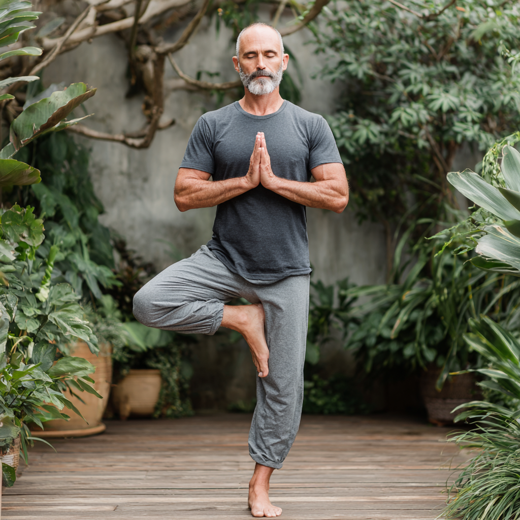 Mature man in comfortable gray clothing practicing tree pose yoga balance outdoors on wooden deck surrounded by lush green plants in natural daylight