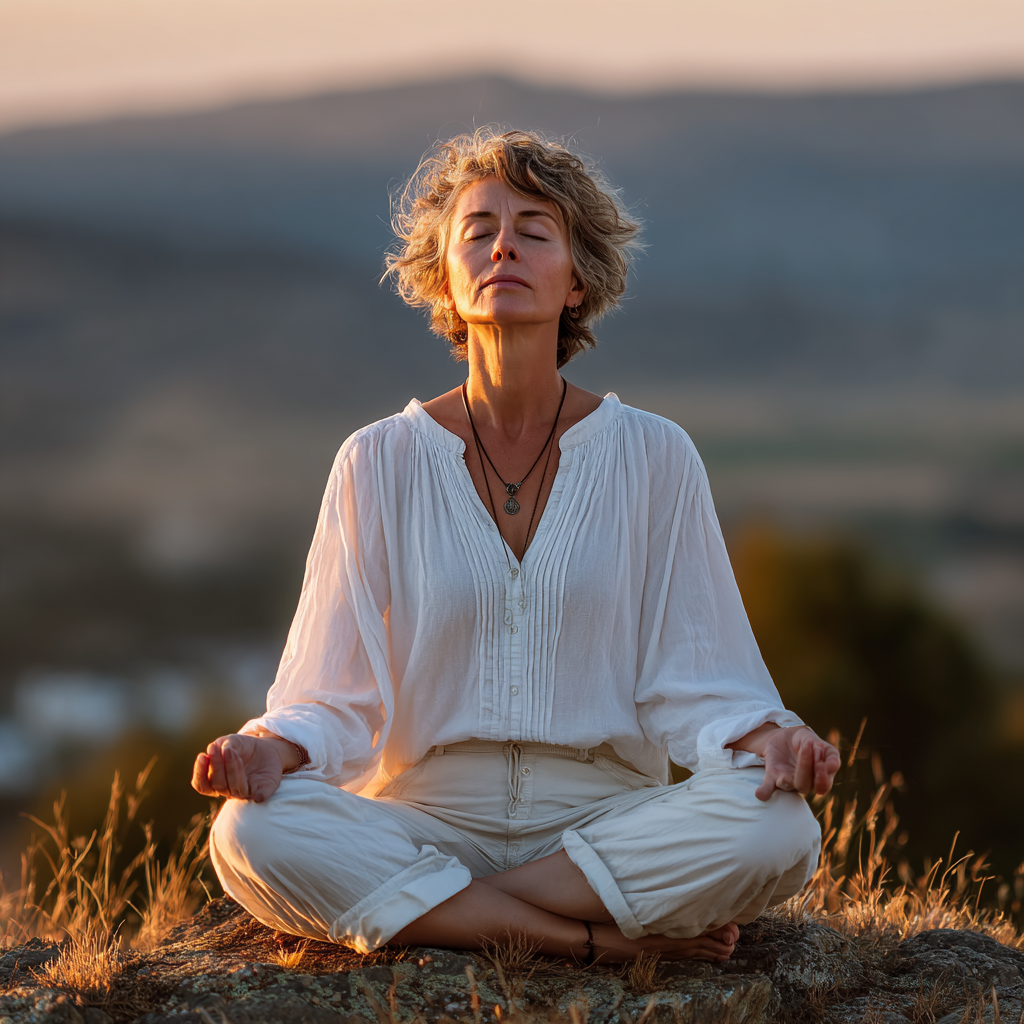 Peaceful middle-aged woman in white clothing practicing yoga meditation pose outdoors in serene natural setting with soft morning light
