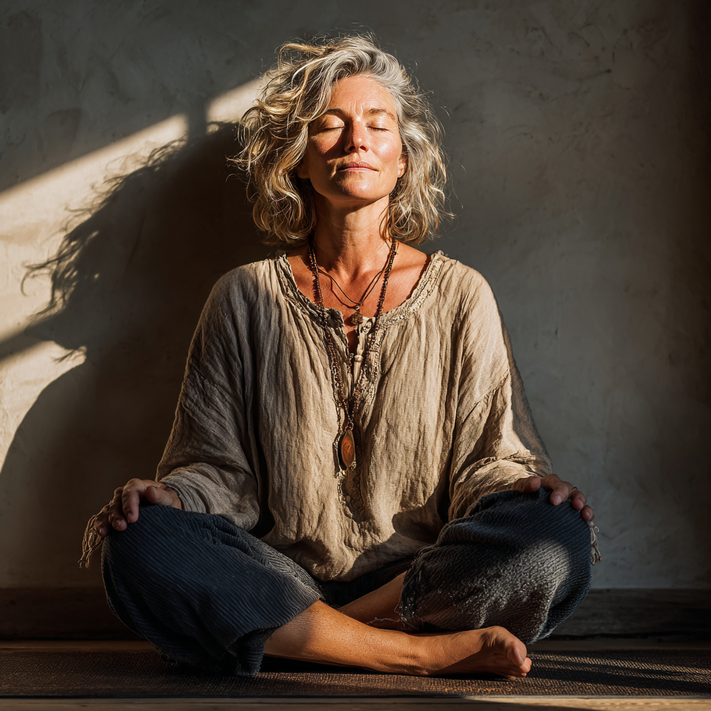 Serene middle-aged woman with closed eyes in peaceful meditation sitting cross-legged on yoga mat in bright natural lighting wearing comfortable earth-tone clothing